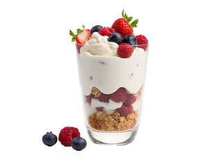 a glass of yogurt with berries and whipped cream