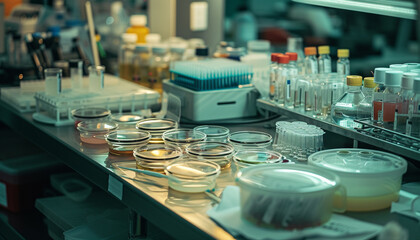 A sterile laboratory bench cluttered with petri dishes containing DNA samples and genetic testing kits highlighting the tools and processes involved in extracting and analyzing genetic information