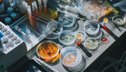A sterile laboratory bench cluttered with petri dishes containing DNA samples and genetic testing kits highlighting the tools and processes involved in extracting and analyzing genetic information