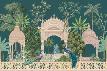 Mughal garden with peacock, parrot, plant and botanical tree landscape illustration pattern
