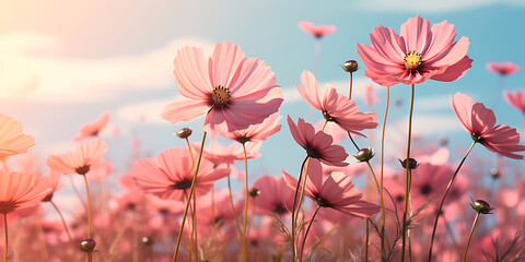 Cosmos flowers blooming in the field at sunset, vintage tone