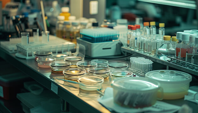 A sterile laboratory bench cluttered with petri dishes containing DNA samples and genetic testing kits highlighting the tools and processes involved in extracting and analyzing genetic information