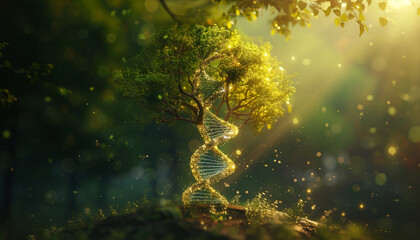 An abstract illustration of a DNA double helix transforming into a tree of life symbolizing the growth of personalized medicine through genomic insights