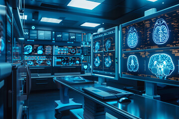 An advanced medical imaging room filled with AI-powered diagnostic tools including 3D imaging screens displaying highly detailed scans and diagnostics with a focus on enhanced accuracy and