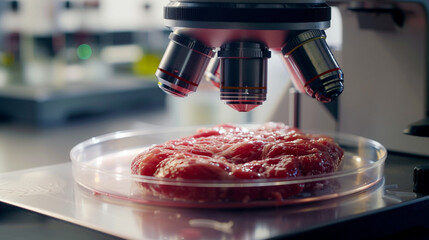 Close-up of a petri dish in a lab setting containing a developing piece of lab-grown meat with a microscope in the background highlighting the cellular structure and the process of culturing meat - obrazy, fototapety, plakaty