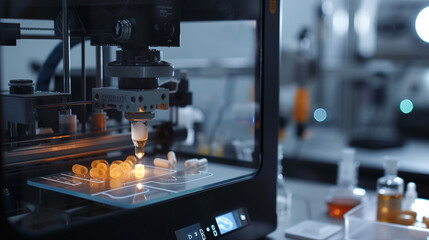 Close-up of a 3D pharmaceutical printer in action with a digital interface displaying the formula for a custom medication emphasizing the technologys role in personalizing treatment