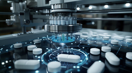 Obraz premium Close-up of a 3D pharmaceutical printer in action with a digital interface displaying the formula for a custom medication emphasizing the technologys role in personalizing treatment
