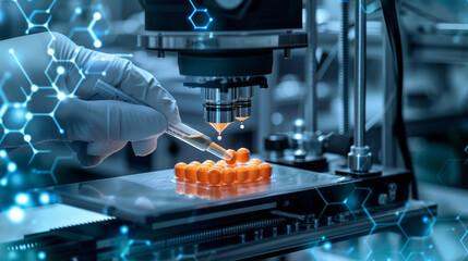 Close-up of a 3D pharmaceutical printer in action with a digital interface displaying the formula for a custom medication emphasizing the technologys role in personalizing treatment