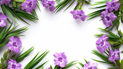 Fresh purple flowers and green leaves create a natural frame, perfect for springtime invitations or announcements backgrounds. Copy space in the centre.