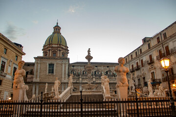 Pretoria square with the marble fountain at Palermo - 734951407