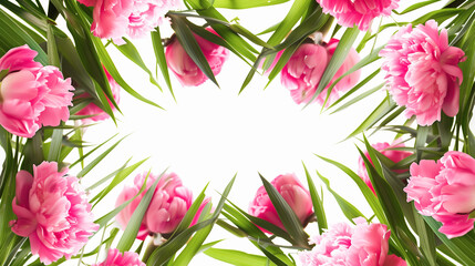 Vibrant pink peonies frame the image, showcasing their lush petals and green leaves, ideal for a romantic or springtime background. Copy space in the centre.
