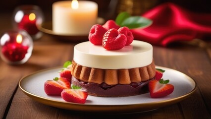 Obraz na płótnie Canvas Tasty dessert for Valentine's day red velvet cake in shape of hearts and coffee on white table. Close up. High quality photo Dessert for Valentine's Day on a plate, cake with strawberries, red roses