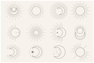 Esoteric and mystical symbols of moon and sun, celestial and occult tarot sings, astrology elements, vector © gomixer