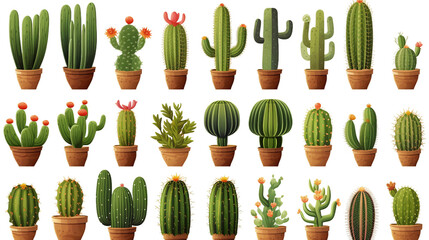 Realistic Cactus Collection: Vector Illustrations of Isolated Succulents in Various Designs, Perfect for Decorative Botanical Backgrounds in Modern Graphic Art