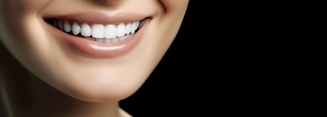 Close-up of a bright smile showcasing white teeth, symbolizing dental health, beauty, and confidence on black background