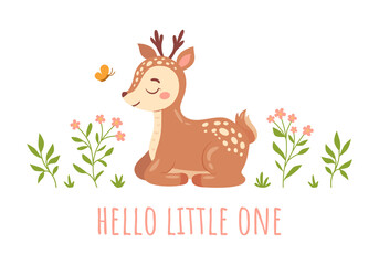Cute hand drawn fawn with flowers and butterfly. Funny dreaming deer in cartoon style. Perfect for greeting card, poster, baby shower, invitation or print design. Vector illustration isolated on white