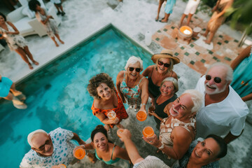 Diverse group of seniors enjoys party by the pool