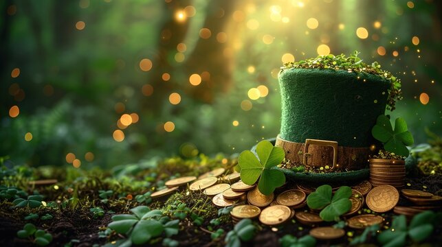 St. Patrick's Day leprechaun hat, gold coins and shamrocks on green background