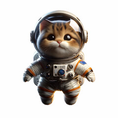 small cute astronaut cat, hovering in mid-air, isolated and centered on a clean black background