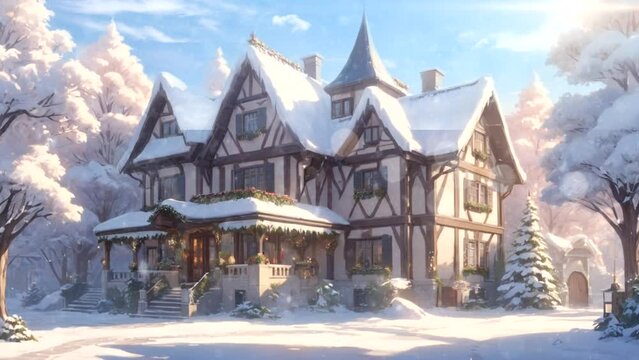 A big house in a snowy village in the winter