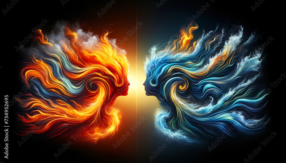 Wall mural Abstract digital art of two profiles facing each other, created with fiery and aquatic colors, symbolizing duality like fire and water or yin and yang.The concept of balance.AI generated.