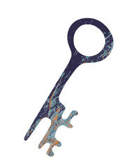 Old rusty key, grunge texture, isolated on white background.