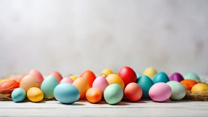 Fototapeta na wymiar colorful easter monday eggs on wooden table background with copy space. beautiful background for poster, banner, web, social media. ai generative design