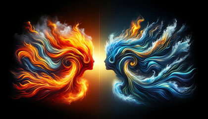 Abstract digital art of two profiles facing each other, created with fiery and aquatic colors, symbolizing duality like fire and water or yin and yang.The concept of balance.AI generated.