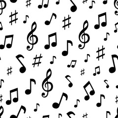 Seamless pattern with musical notes on white background