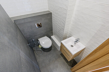 interior apartment room bathroom, sink, decorative elements, toilet. WC, sanitary unit, wash room