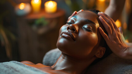 Attractive black woman enjoying facial massage at spa salon