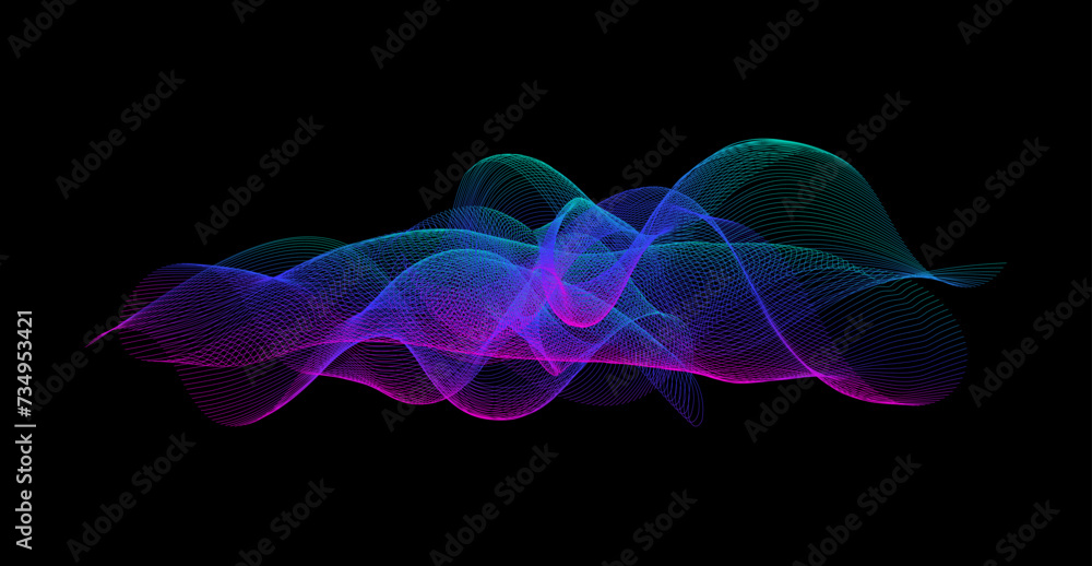 Aufkleber Gradient wavy line blend form. Abstract purple blue green flowing lines design element. Dynamic neon wave smoky shape. Sound waves or ai illustration concept. Vector curved pattern background