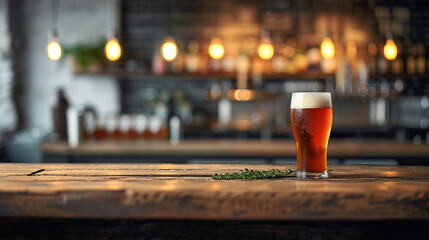 a glass of beer is sitting on a wooden table in a bar - obrazy, fototapety, plakaty