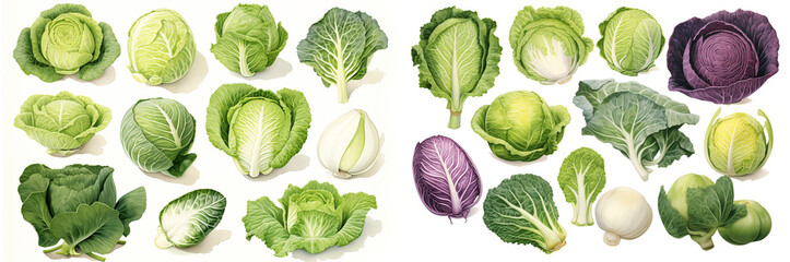Watercolor cabbage varieties set on white background. Raw food illustration. 