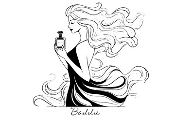 Girl with perfume hand drawn ink sketch. Engraved style retro vector logotype.