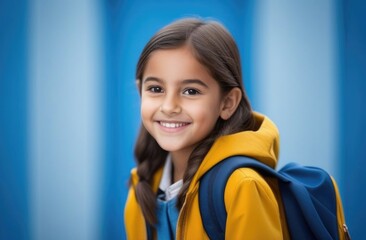 Schoolgirl girl in mustard jacket and with backpack on blue background, smiling, teenager with two pigtails