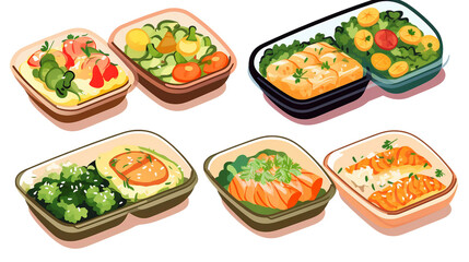 Discover the Delight: Cute and Kawaii Bento Lunch Boxes Set in Traditional Japanese Style - Isolated Flat Vector Illustration of Colorful and Tasty Asian Meals