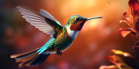 A humming bird flying through the flowers multicolor 