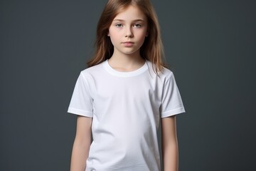 Obraz premium Smiling happy teenage girl presenting empty white t-shirt for advertising in studio