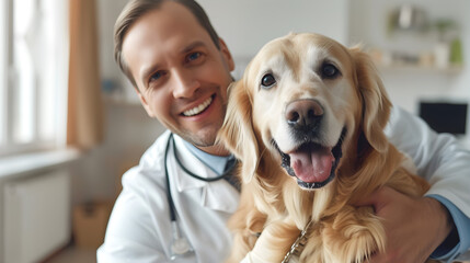 Portrait of a smiling veterinarian with a golden retriever dog. National Pet Day. Banner