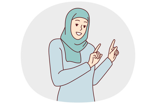 Muslim woman points to side recommend to pay attention to advertising application or logo. Girl smiling while standing in paranja or niqab and Islamic long dress. Flat vector illustration