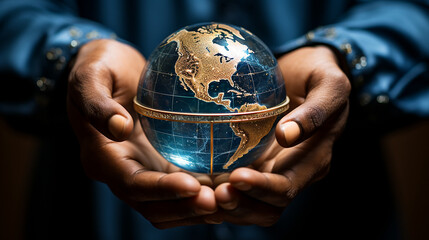 Male hands hold a glass globe. Earth Day. Ecological problems