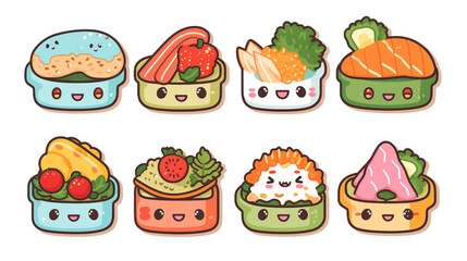 Discover the Delight: Cute and Kawaii Bento Lunch Boxes Set in Traditional Japanese Style - Isolated Flat Vector Illustration of Colorful and Tasty Asian Meals