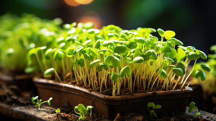Microgreens in pots in a greenhouse. Vegetarianism, organic products