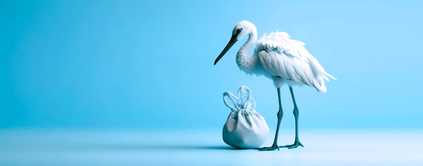A stork bird with a small bag on a cyan isolated panoramic background of a banner with space for copying or text. - obrazy, fototapety, plakaty