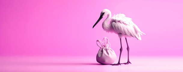 A stork bird with a small bag on a pink isolated panoramic background of a banner with space for copying or text.