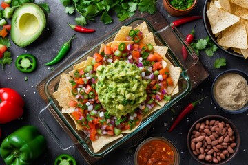 Nacho dish with toppings on a wooden board