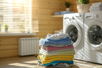 Stack of clean or dirty clothes, washing and dryer machine in laundry room. Housework concept