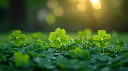 Fotobehang Small green Clover leaves pattern background, Natural and St. Patrick's day background © Vasiliy