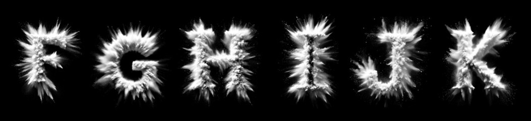 Letters F G H I J K - White powder explosion font isolated on black background - uppercase letters...